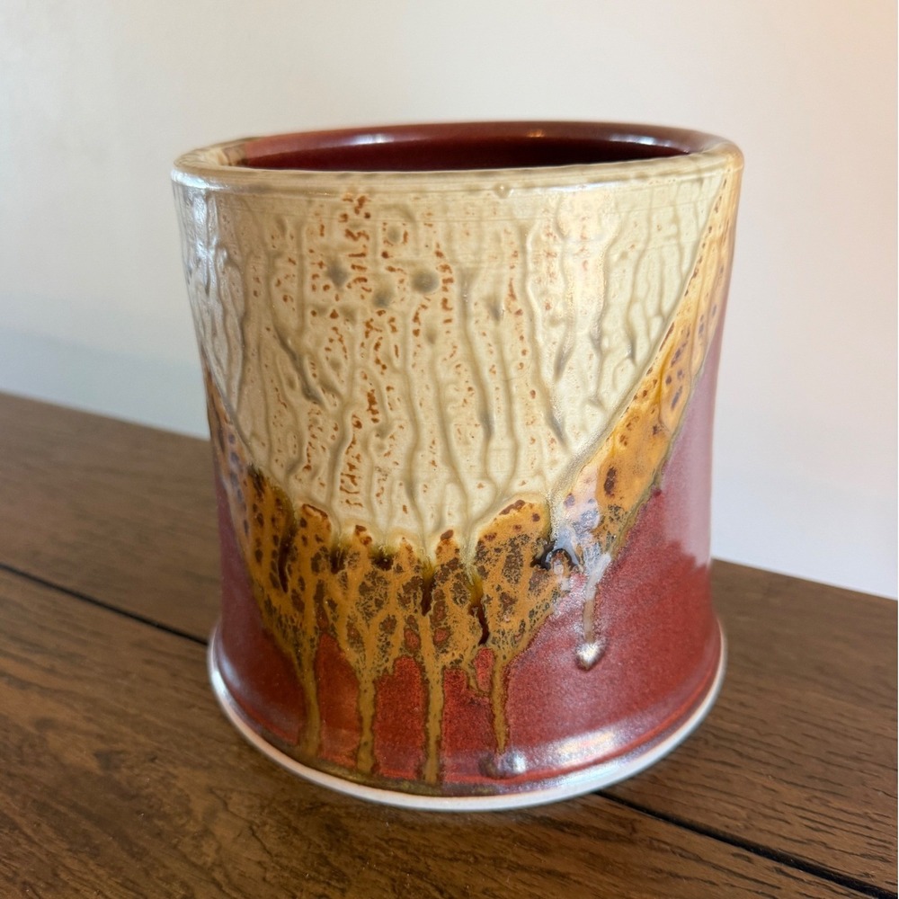 Handmade Pottery Crock Planter Red Cream Good Drip Glaze Stoneware Stamped